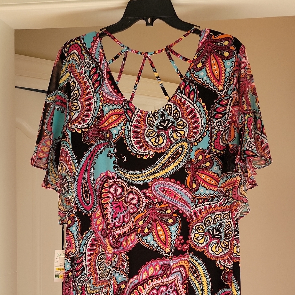 MSK Multicolor Vneck Paisley Dress Flutter Sleeves - Picture 3 of 7